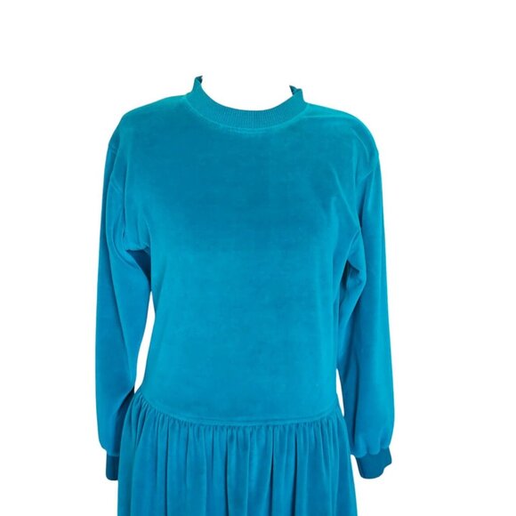 80s Womens Medium Dropwaist Velour Dress Mockneck Teal Turquoise‎ Blue Green - Picture 2 of 9